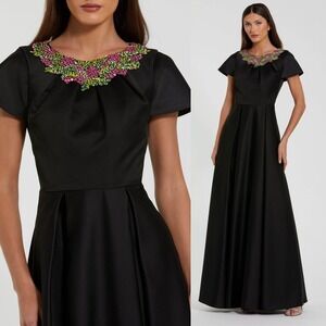 Mac Duggal NEW‎ Black Satin Flutter Sleeve Gown With Neckline Beading - Size 8